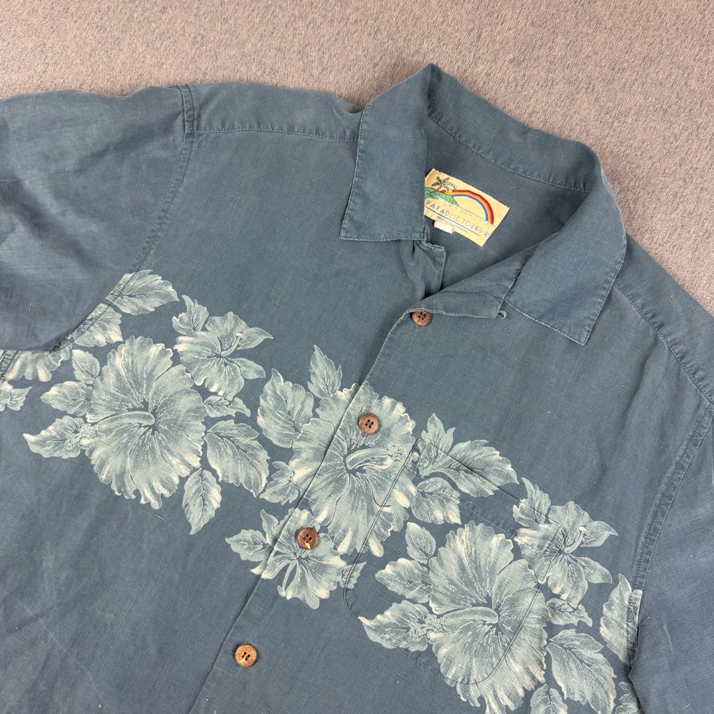 Vintage Paradise Found Shirt Mens Large Blue Silk Linen Loop Collar Camp Floral